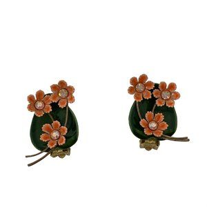 Vintage 1950s Coral Flowers Earrings Green Leaf Holographic Rhinestones Clip Ons